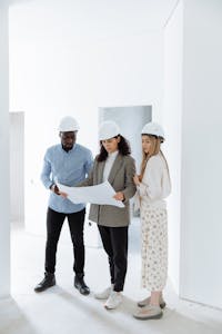 Three people in hard hats examining construction plans in a new home's interior.