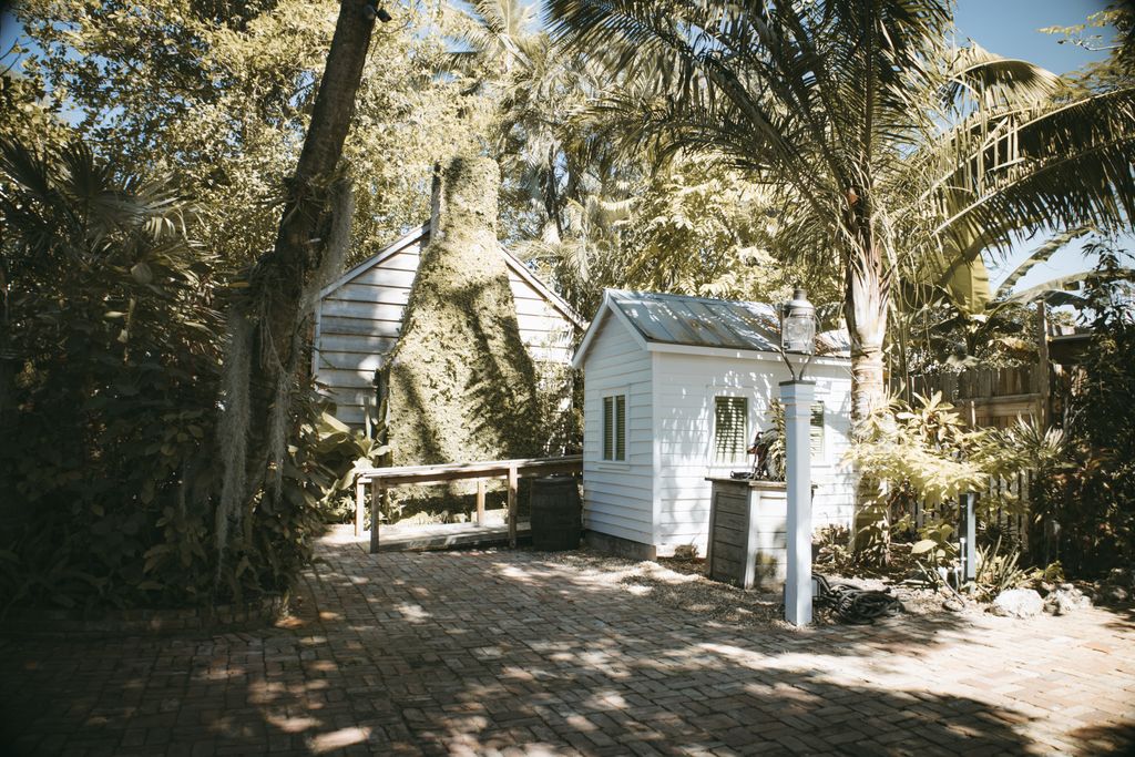 A serene backyard scene in Key West, featuring tropical trees and a small outbuilding.